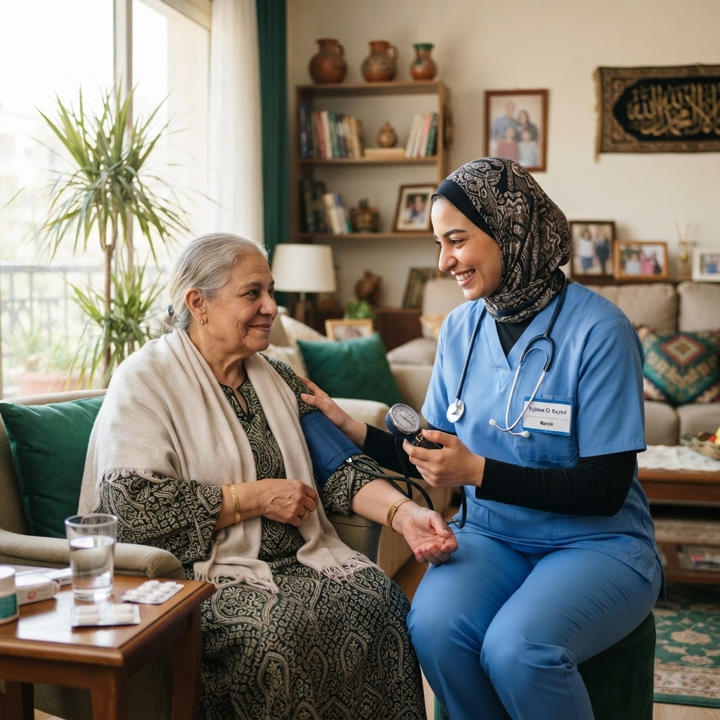 ممرضة تقدم الرعاية الصحية لمريض في المنزل